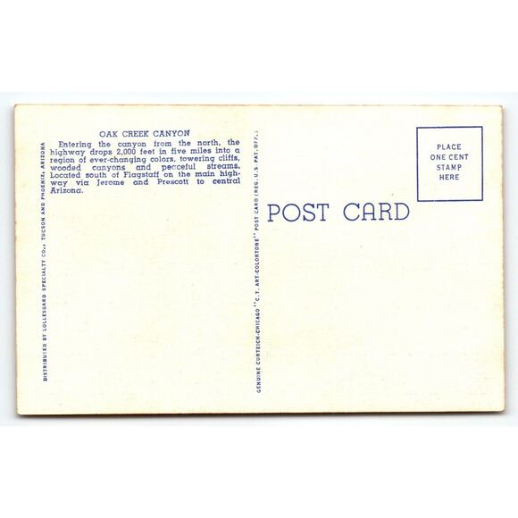 Oak Creek Canyon Arizona US Highway 89 Linen Postcard Curt Teich Unused Vintage - Picture 2 of 2